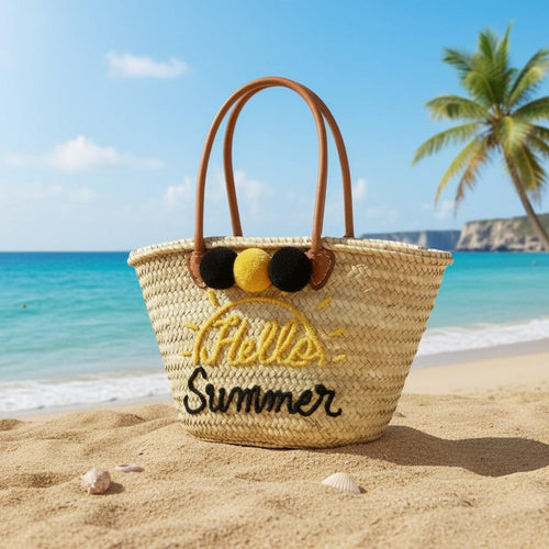 Hello Summer straw beach tote with leather handles and black yellow pompoms - handmade Morocco