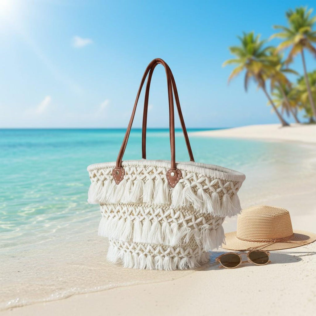 Macramé straw tote bag with leather handles and gold beads - handmade in Morocco