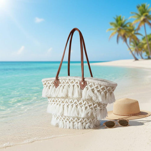 Macramé straw tote bag with leather handles and gold beads - handmade in Morocco