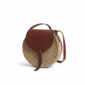Round straw shoulder bag with leather flap and crossbody strap - handmade in Morocco