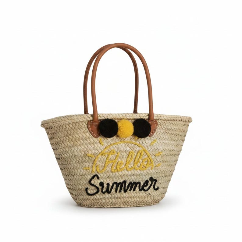 Handwoven palm straw bag with Hello Summer embroidery and sun motif