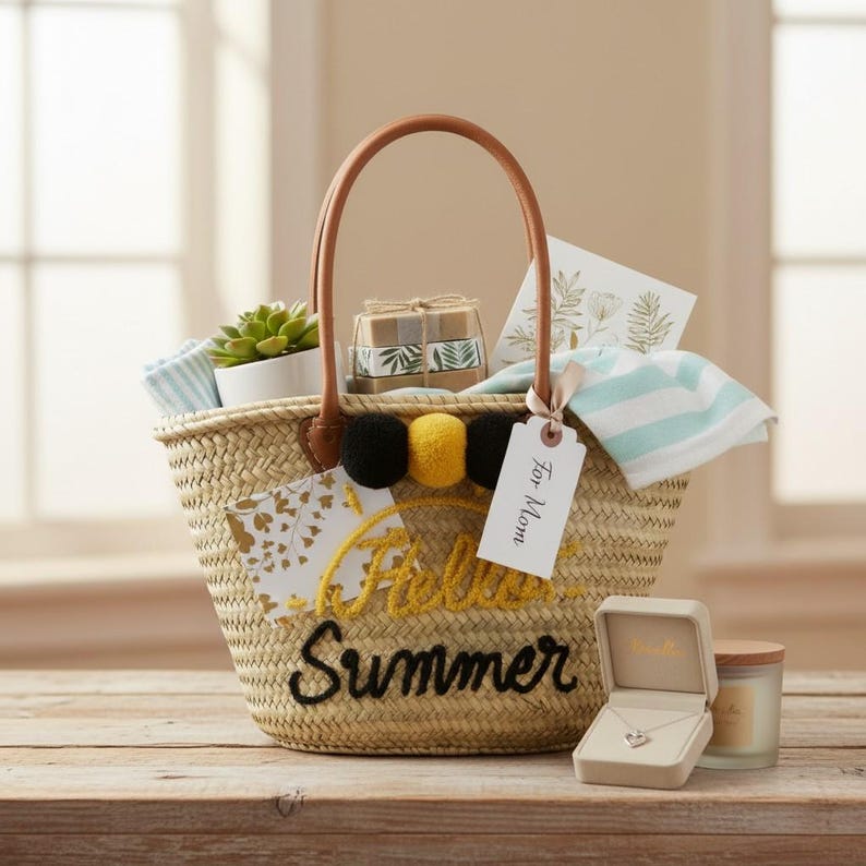 Hello Summer straw bag used as gift basket with plants and soaps for Mom