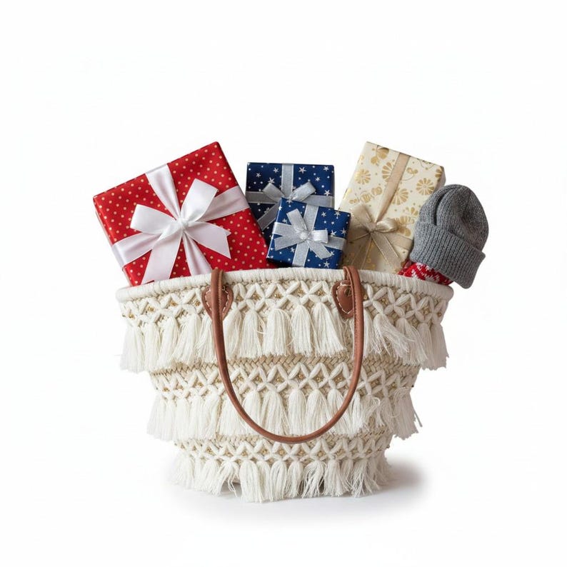Straw basket bag with macramé fringe used as gift basket