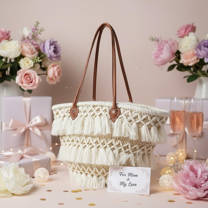 Handwoven macramé bag with leather handles - perfect gift for mom
