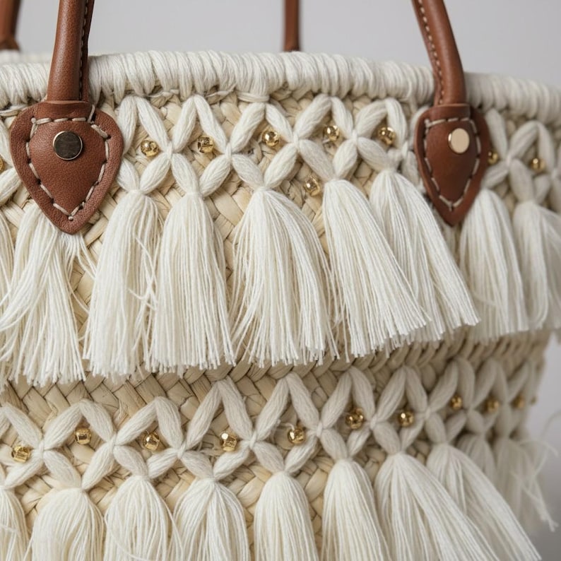 Close-up of gold beads and macramé knot details on straw bag
