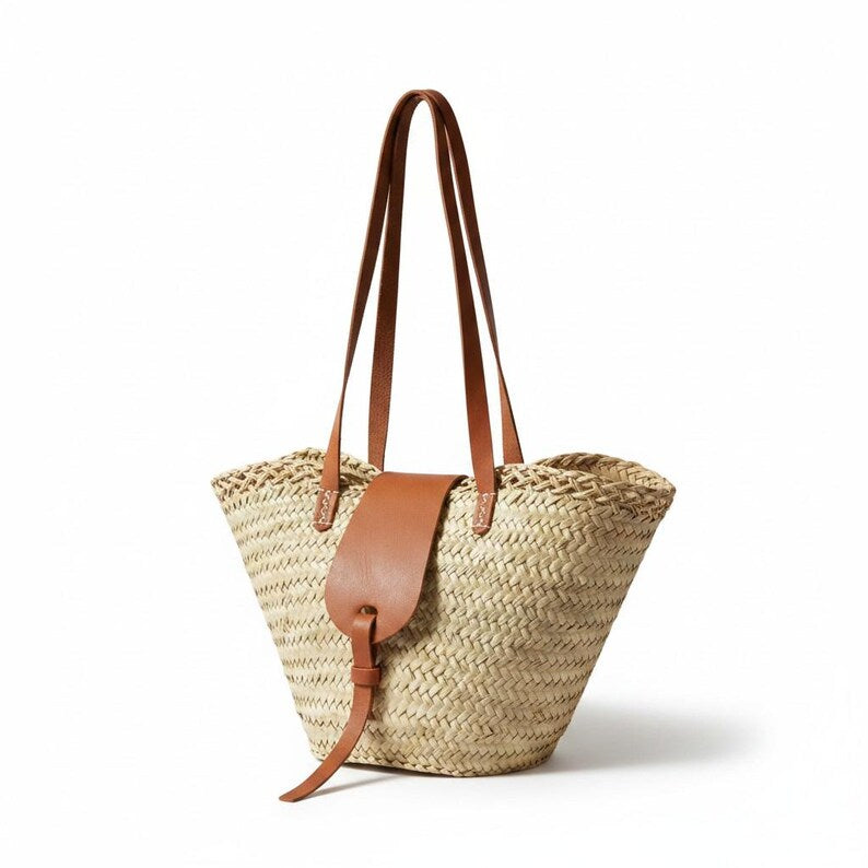 Natural palm straw tote bag with genuine leather straps