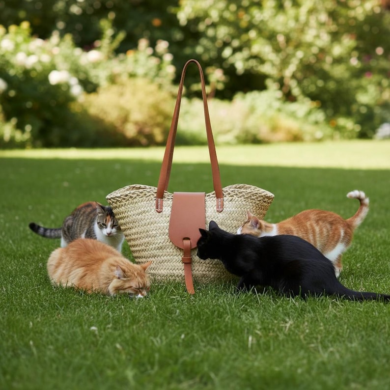 Natural straw basket bag with leather closure