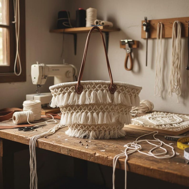 Macramé straw tote bag on wooden surface showing fringe detail