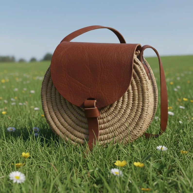 Handwoven round straw bag with leather details